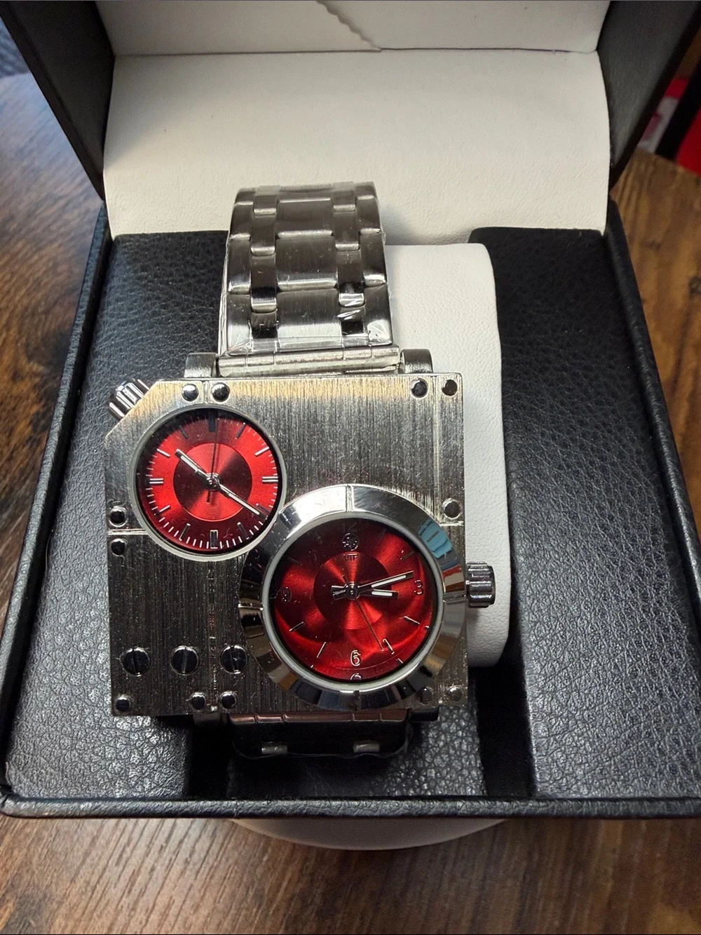 Men's Dual-Dial Brushed Stainless Steel Watch with Red Faces